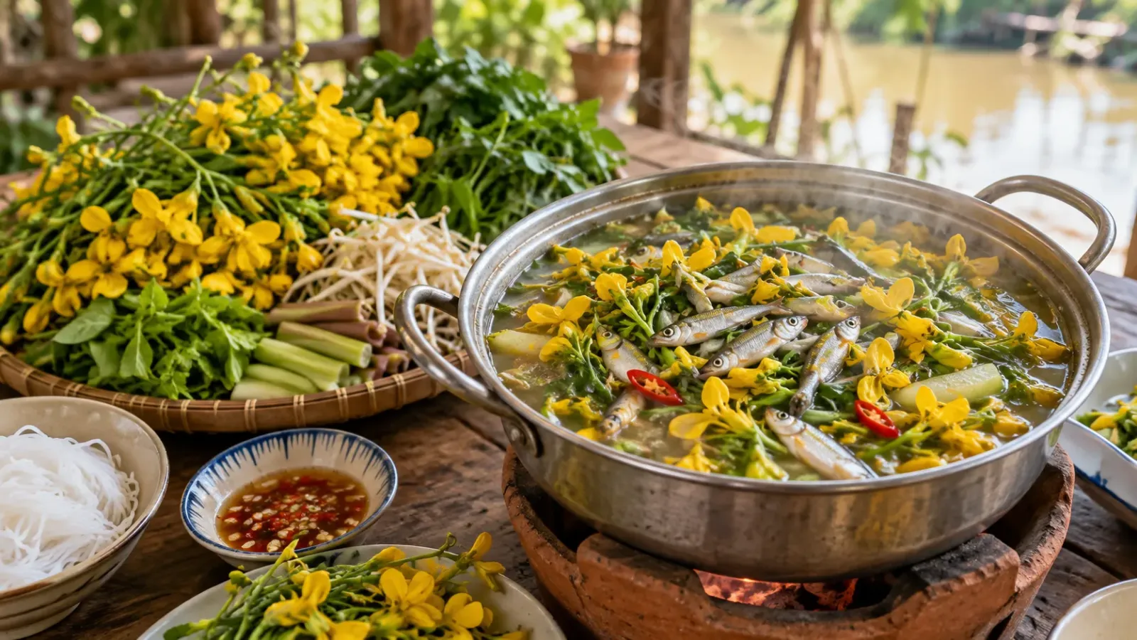Món cá linh và bông điên điển đặc trưng mùa nước nổi An Giang