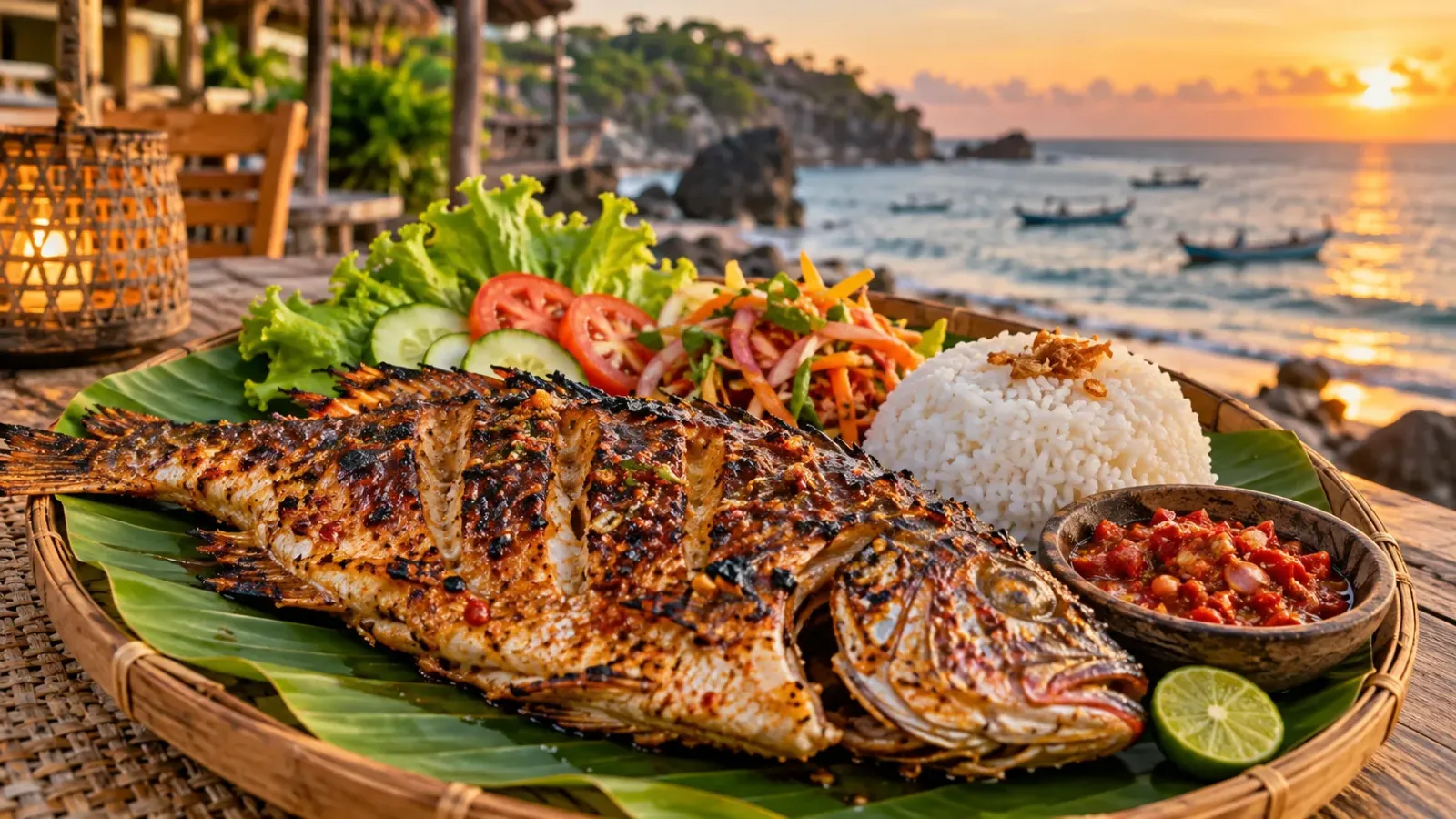 Món cá nướng Ikan Bakar ăn cùng cơm, rau và sambal tại Bali