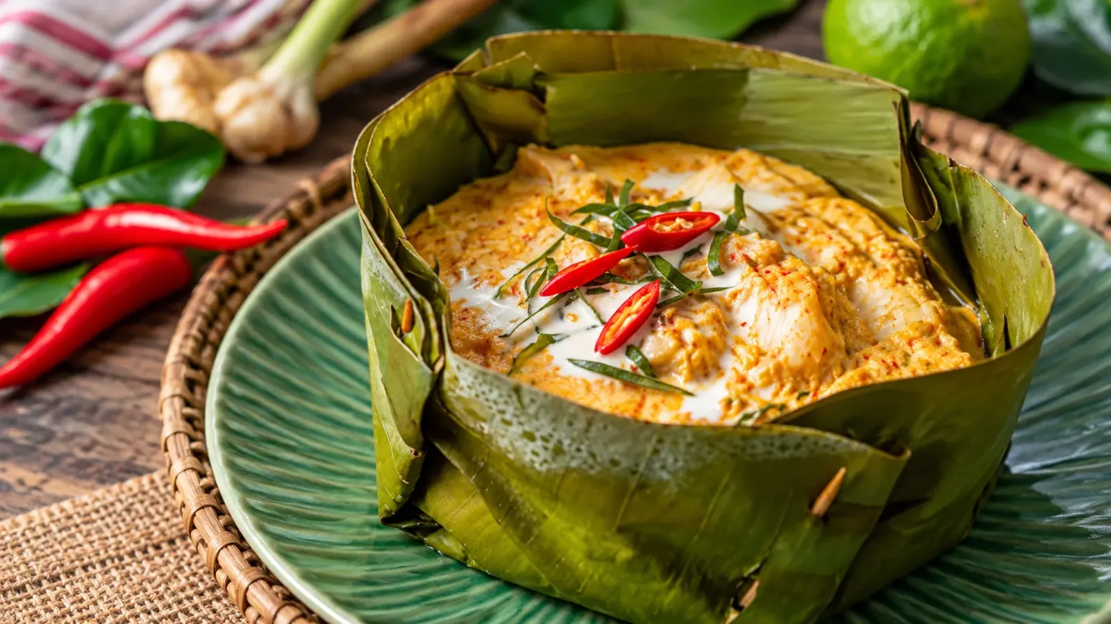 Món cá với sốt gia vị màu vàng cam, ăn kèm cơm trắng và rau trên lá chuối