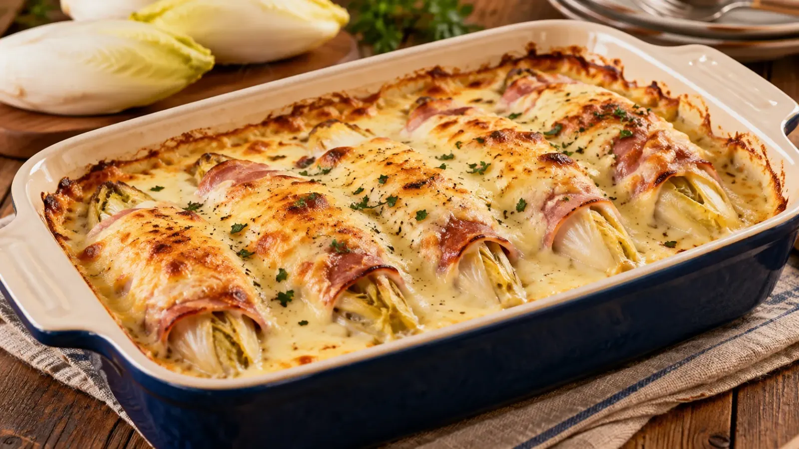 Món chicons au gratin với rau endive cuộn thịt nguội, phủ sốt trắng và phô mai nướng vàng trong khay.