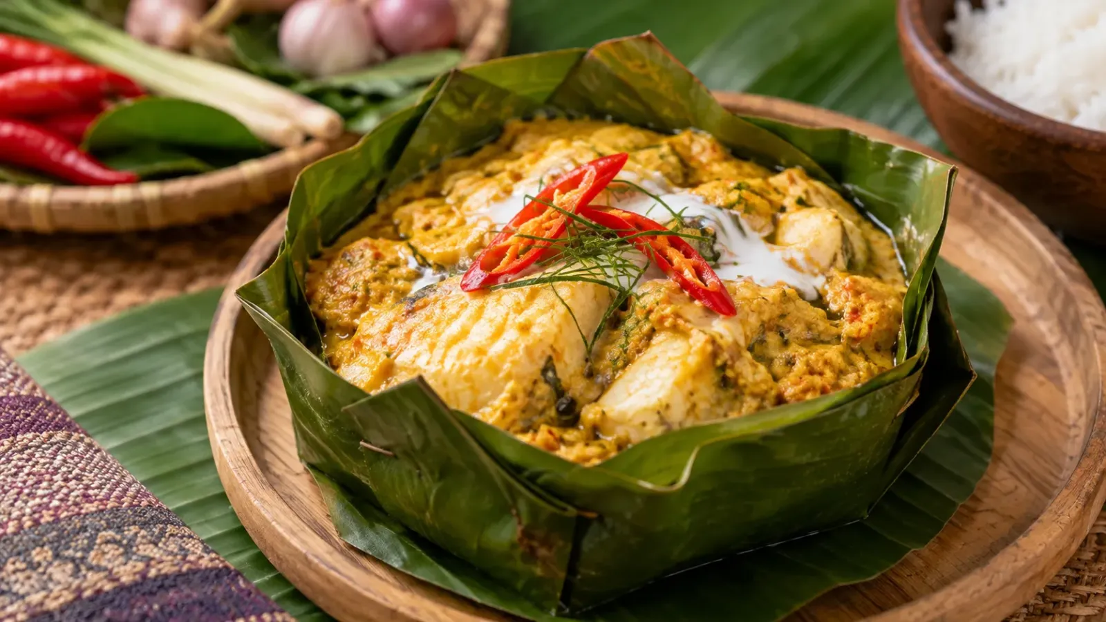 Món Fish Amok của Campuchia được trình bày trong lá chuối với cá, nước cốt dừa và gia vị Khmer.