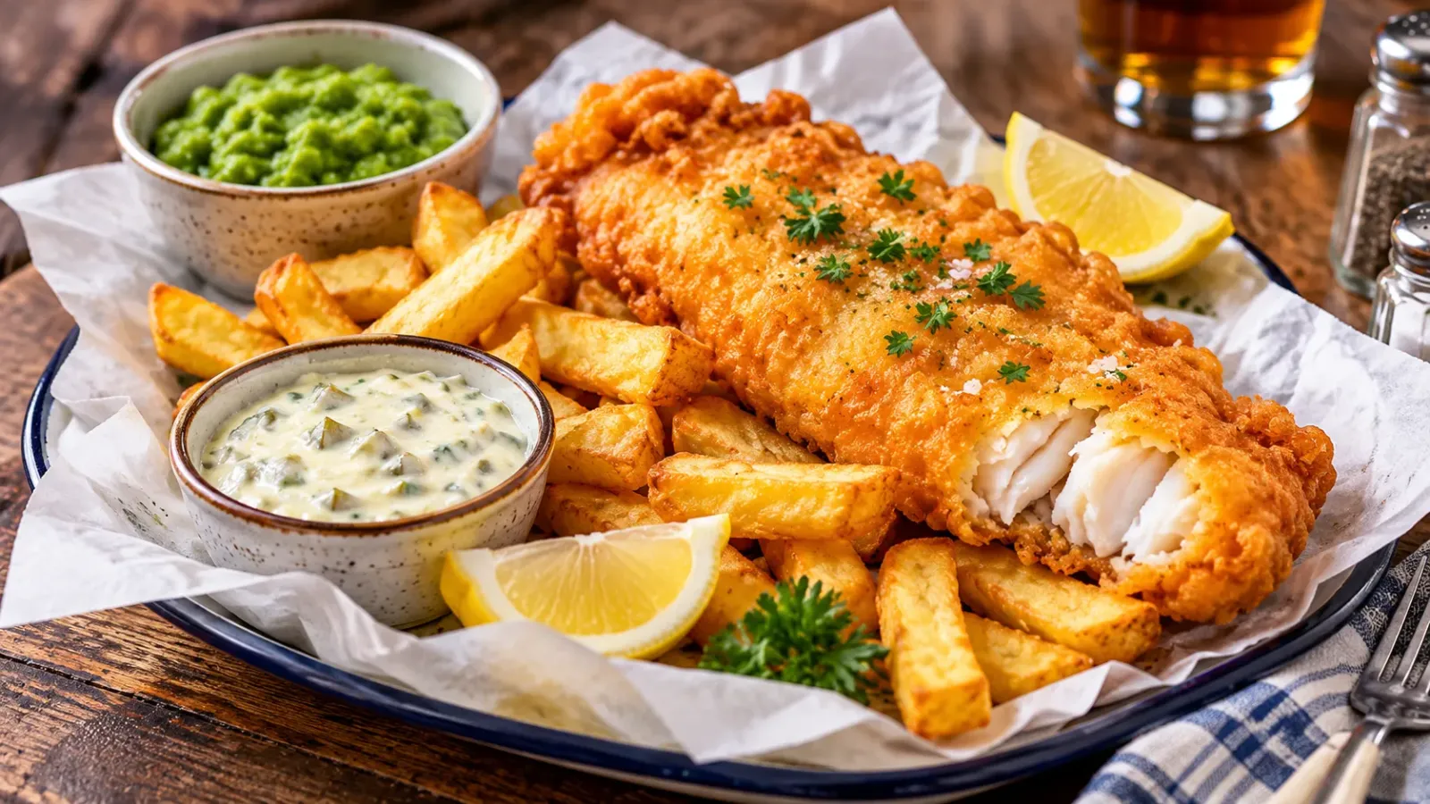 Món fish and chips gồm cá tẩm bột chiên và khoai tây chiên kiểu Anh