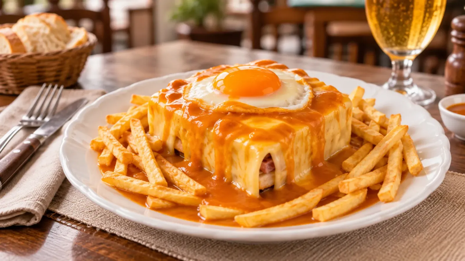 Món Francesinha với phô mai, sốt đặc trưng và khoai tây chiên tại Porto
