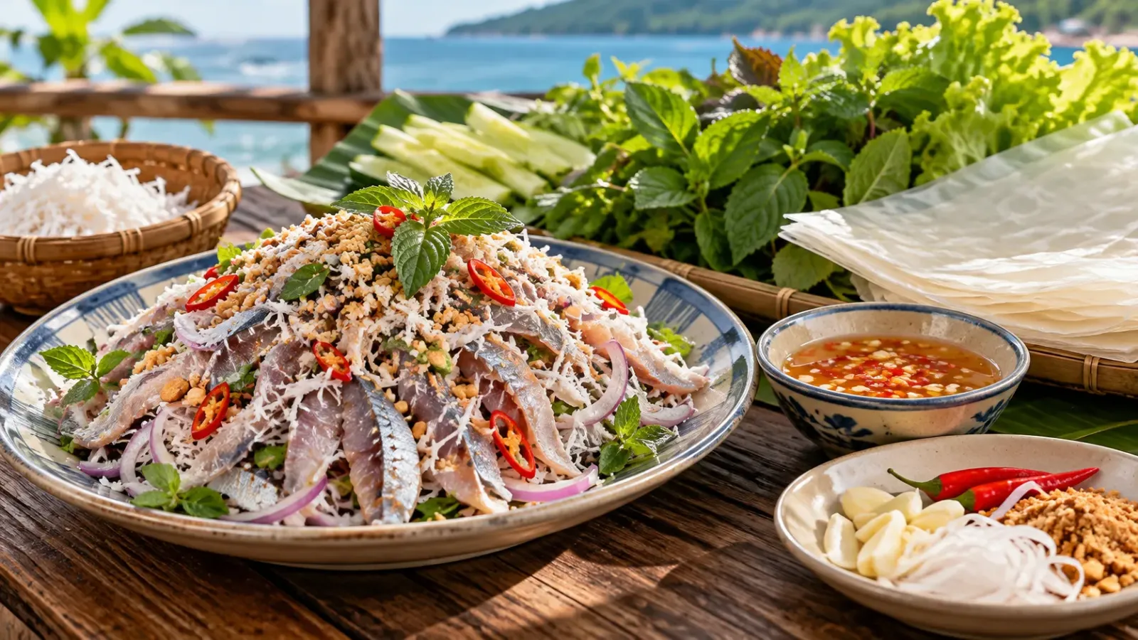 Món gỏi cá trích Phú Quốc với lát cá, rau thơm, dừa nạo và nguyên liệu ăn kèm