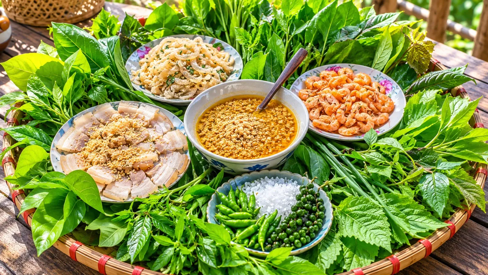 Món gỏi lá Kon Tum với nhiều loại lá xanh, thịt và nước chấm ăn kèm.