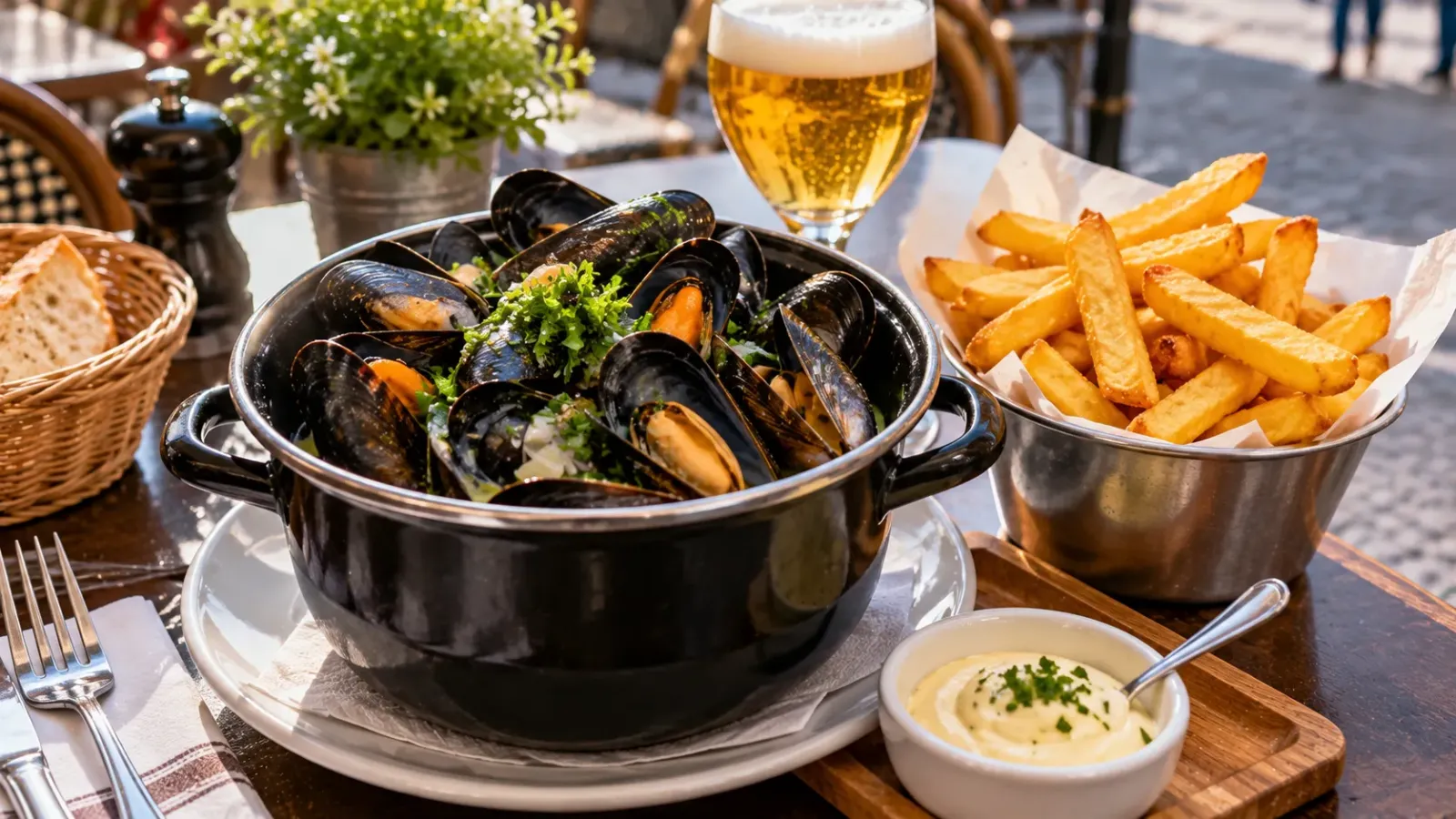 Món moules-frites gồm vẹm nấu chín và khoai tây chiên được phục vụ tại bàn ăn