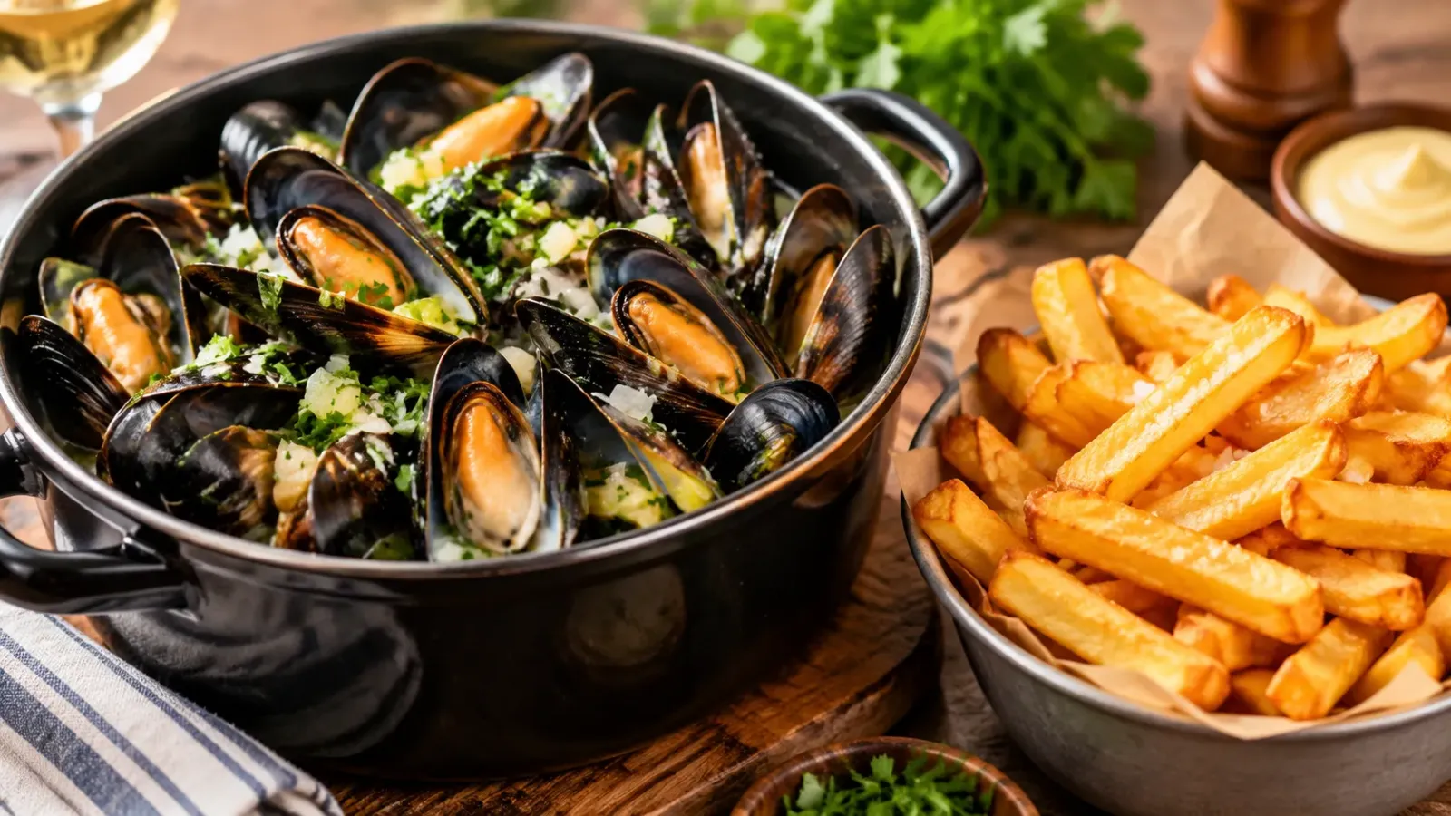 Món Moules-frites gồm vẹm và khoai tây chiên kiểu Bỉ.