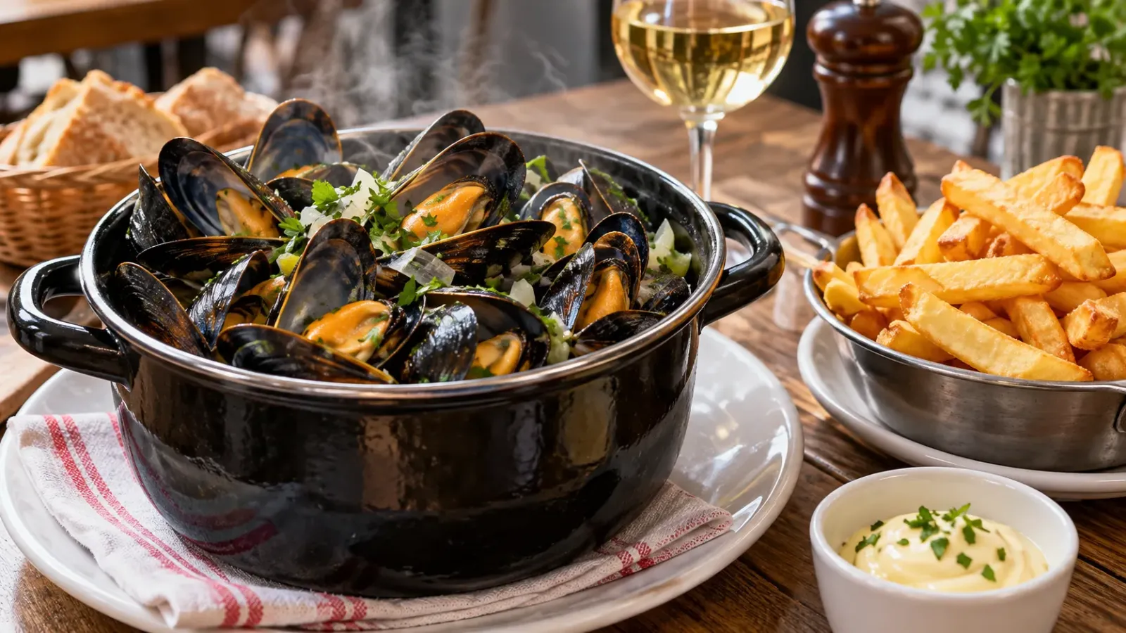 Món Moules-frites với trai biển nấu chín trong tô, ăn kèm khoai tây chiên trên đĩa