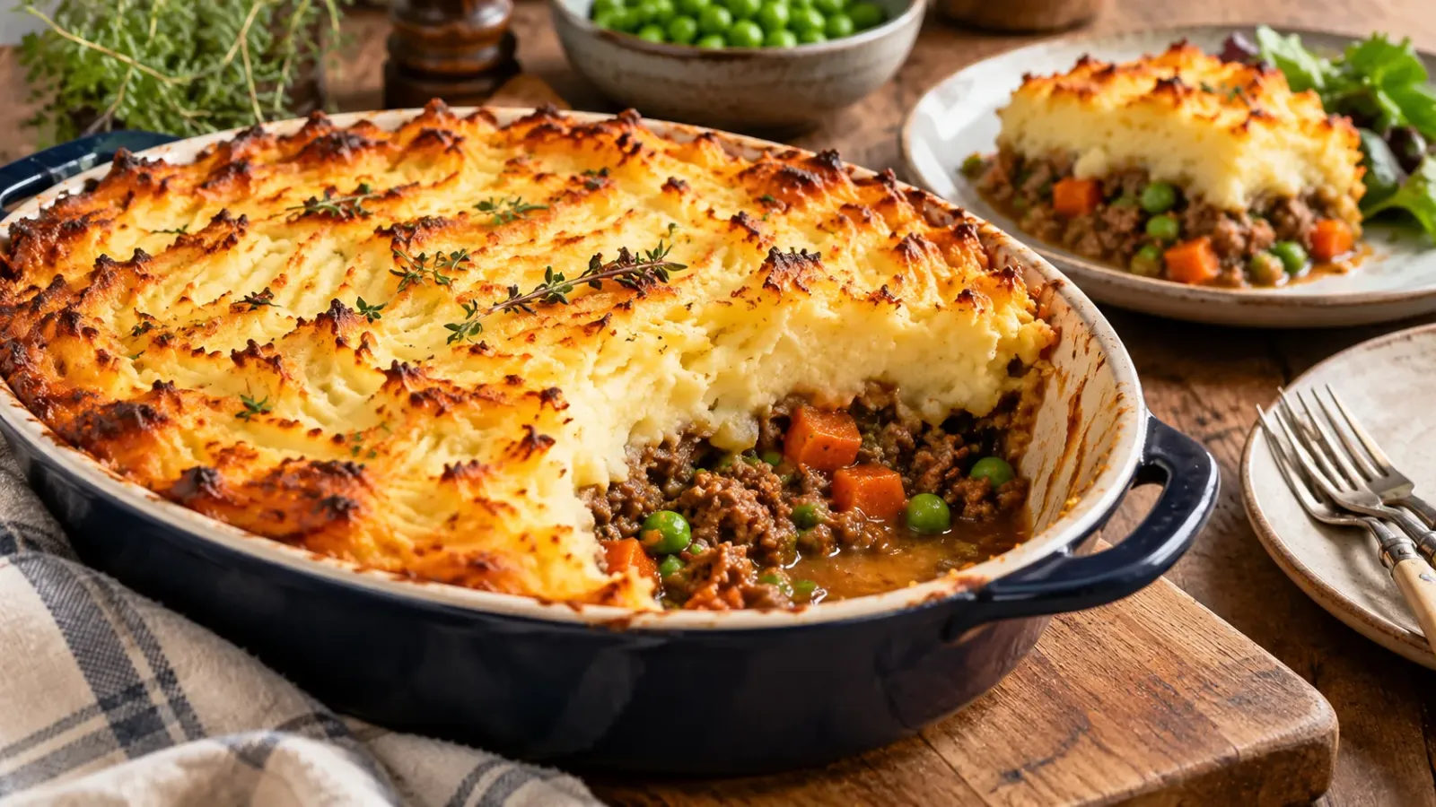 Món Shepherd's pie kiểu Anh với lớp khoai tây nghiền nướng vàng phủ nhân thịt cừu và rau củ