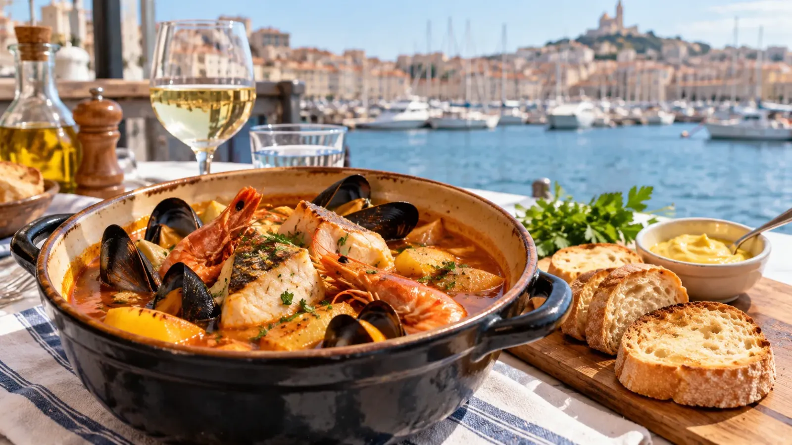 Món súp cá bouillabaisse kiểu Marseille với nước dùng cá và bánh mì nướng ăn kèm