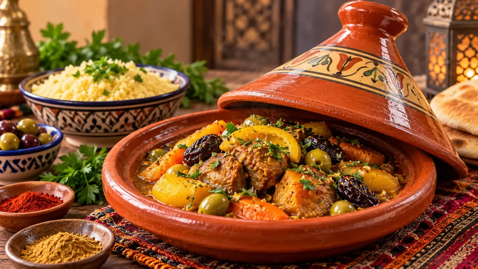 Món Tagine Maroc được chế biến trong nồi đất truyền thống cùng thịt rau củ và gia vị
