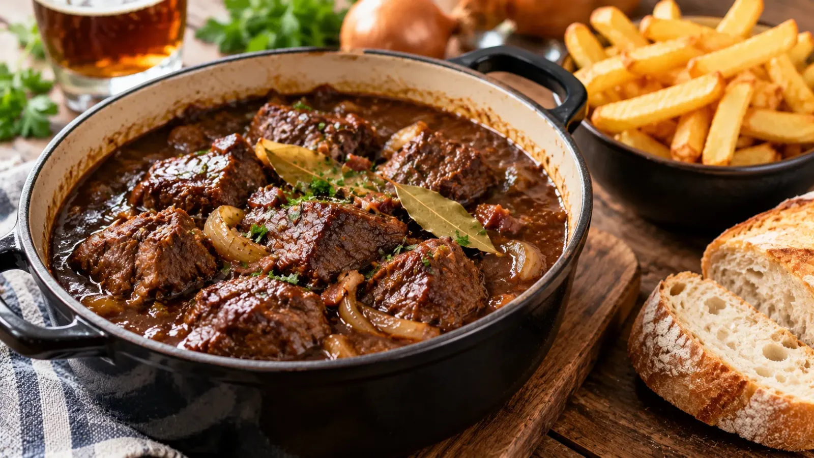 Món thịt bò hầm bia Carbonnade Flamande với nước sốt màu nâu đặc trưng.