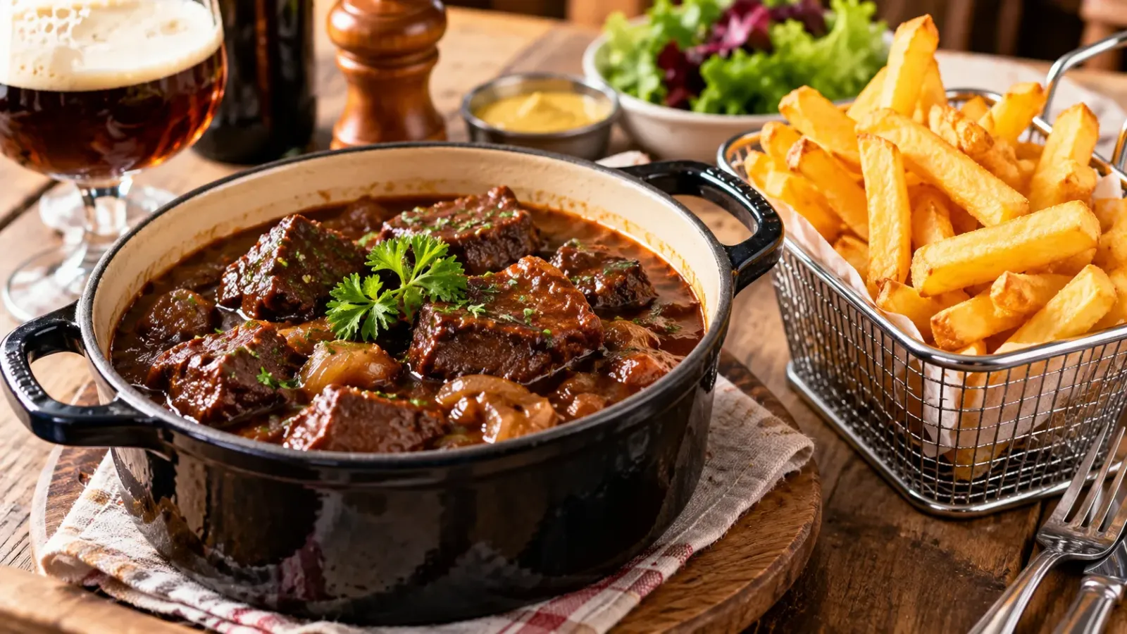 Món thịt bò hầm carbonnade flamande ăn kèm khoai tây chiên kiểu Bỉ