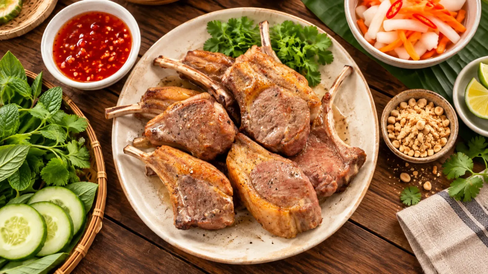 Món thịt cừu nướng được bày trên đĩa cùng rau và gia vị ăn kèm