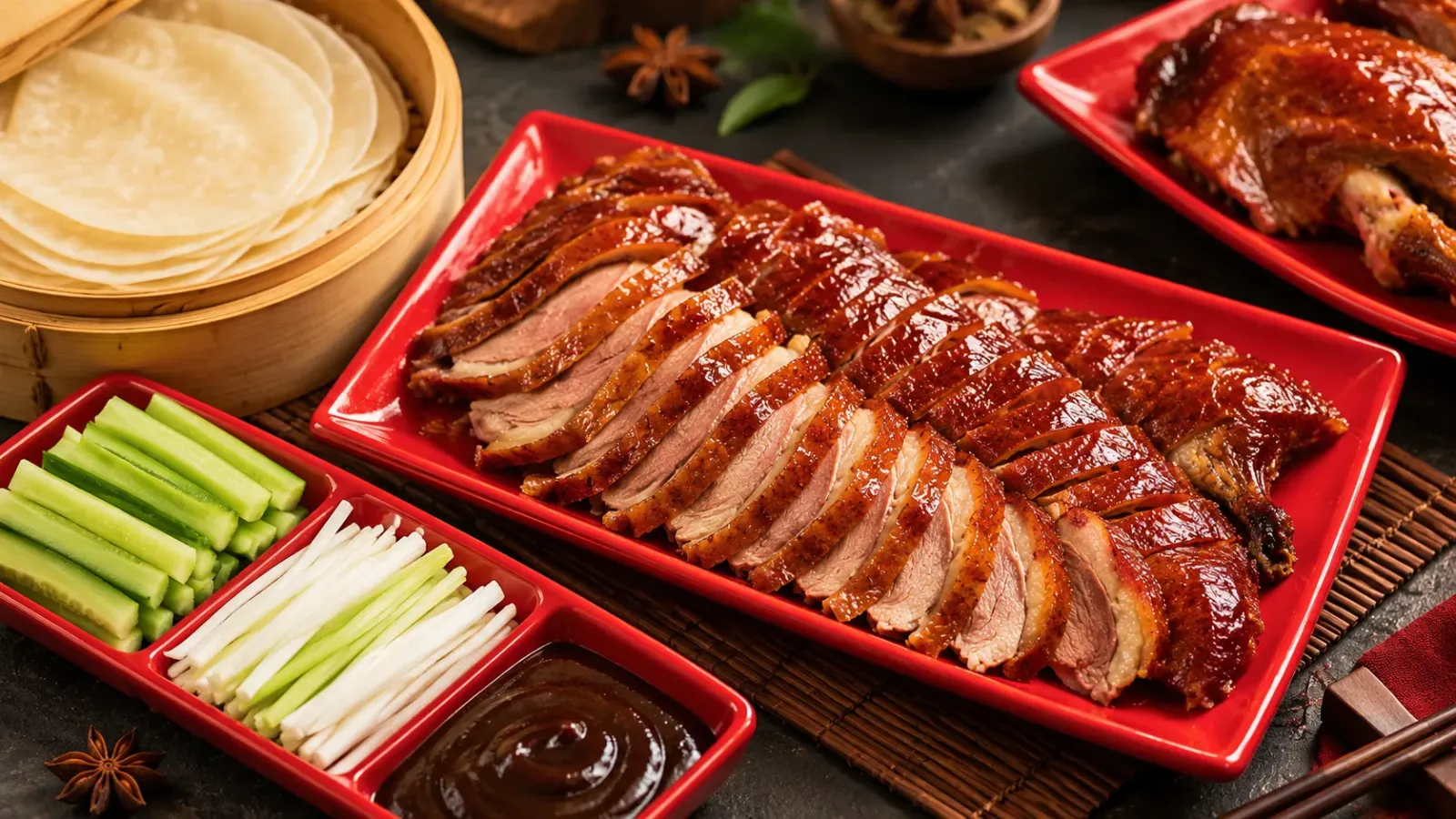 Món vịt quay Bắc Kinh có lớp da vàng giòn.
