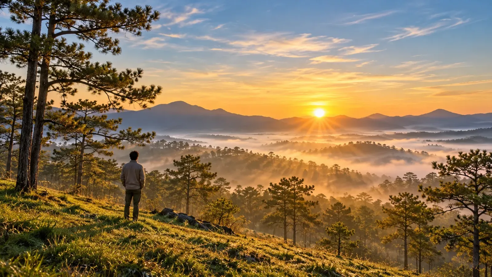 Một du khách đứng ngắm bình minh trên đồi Đa Phú giữa những cây thông và lớp sương mỏng