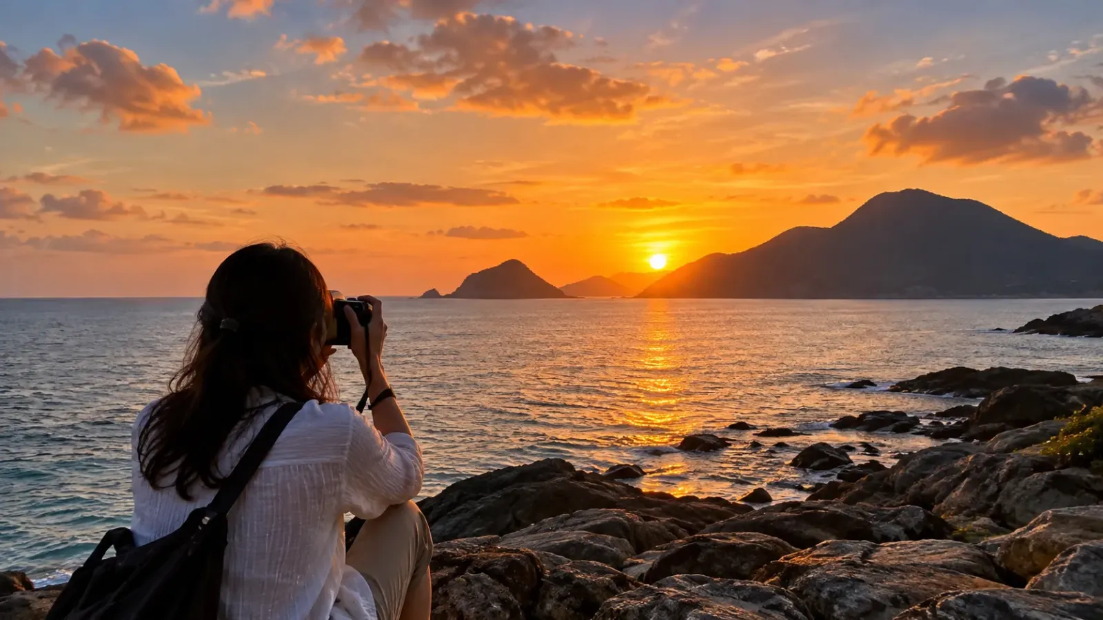 Một người chụp ảnh bên bờ biển với dãy núi phía xa trong ánh hoàng hôn.