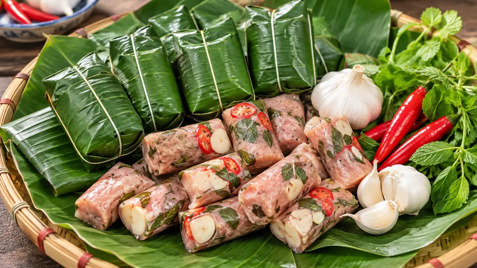 Nem chua Thanh Hóa được gói thành từng phần nhỏ, bày trên lá chuối cùng tỏi và ớt.