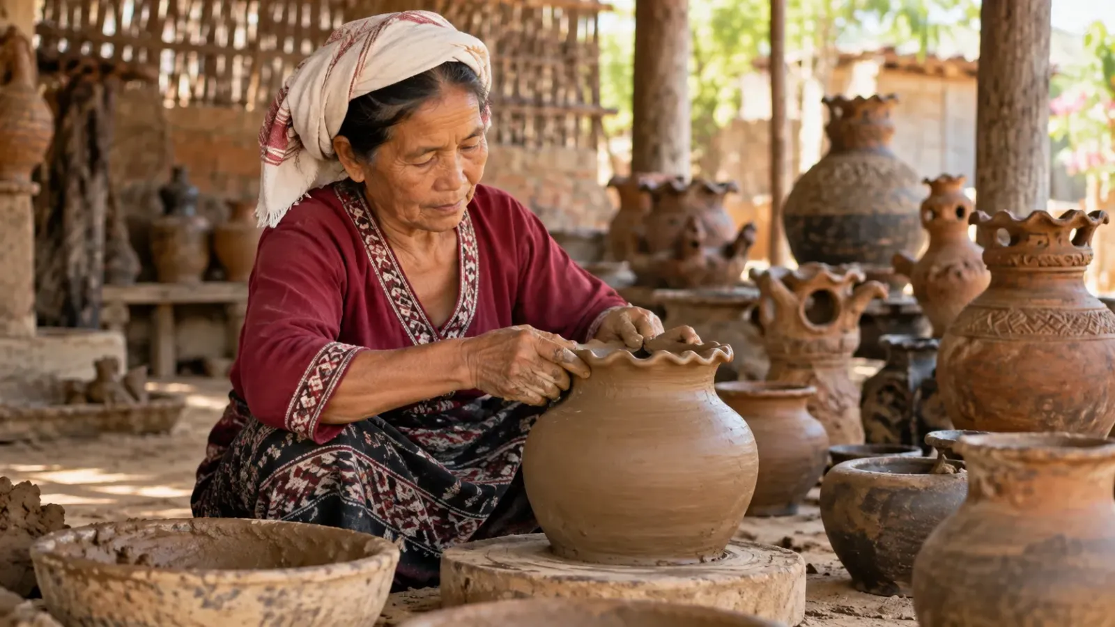 Nghệ nhân Chăm tạo hình sản phẩm gốm thủ công tại làng gốm Bàu Trúc