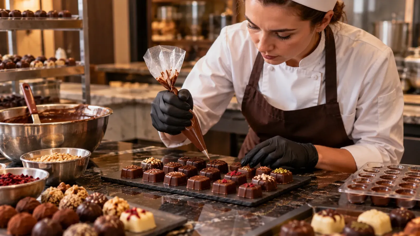 Nghệ nhân minh họa thao tác chế biến và tạo hình chocolate trong không gian trình diễn