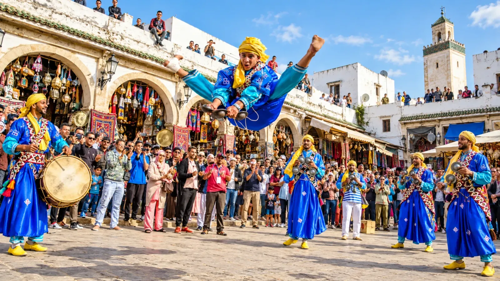 Nghệ sĩ biểu diễn âm nhạc Gnaoua với nhạc cụ truyền thống tại một sân khấu lễ hội