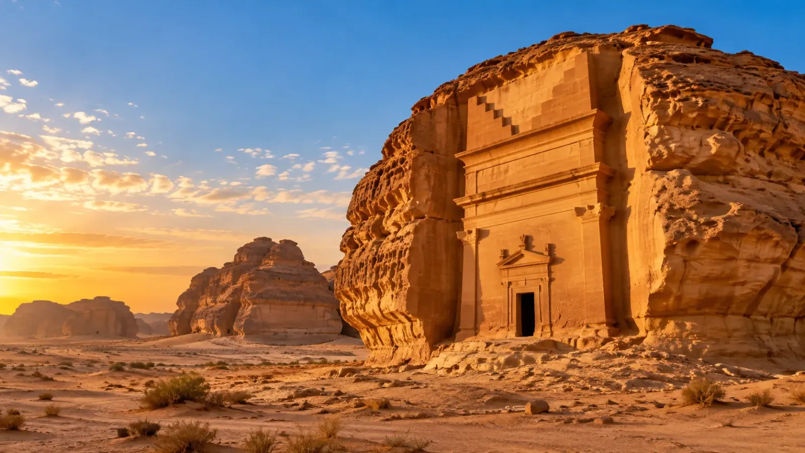 Ngôi mộ Nabataean được chạm khắc vào khối đá sa thạch lớn tại khu di sản Hegra ở AlUla Saudi Arabia