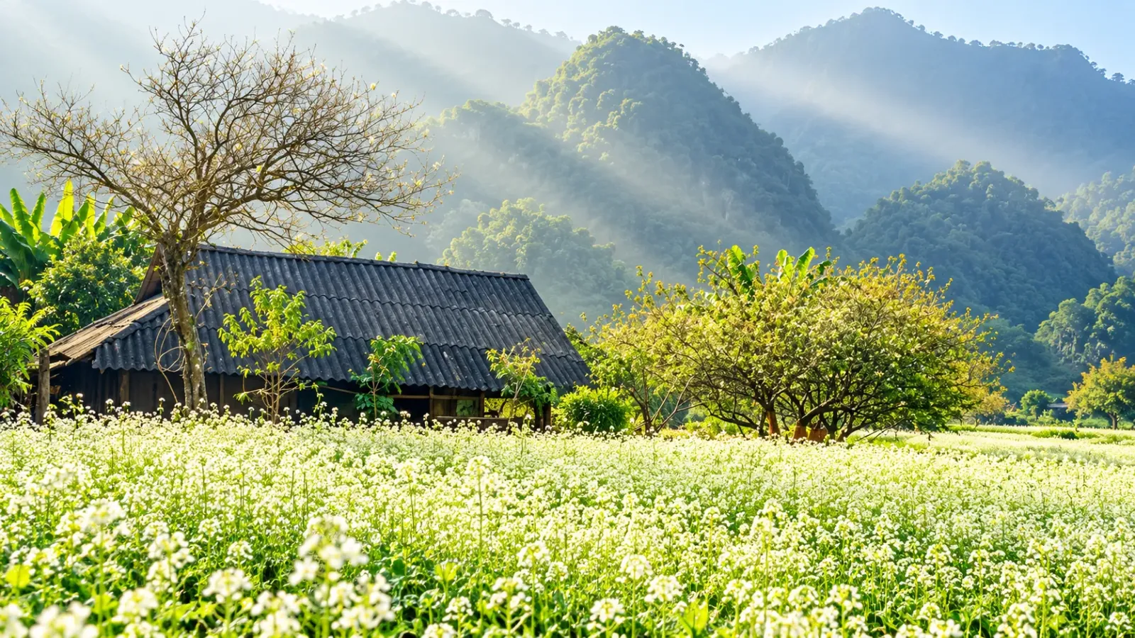 Ngôi nhà và cánh đồng hoa cải trắng trong ảnh làng Thung Cuông