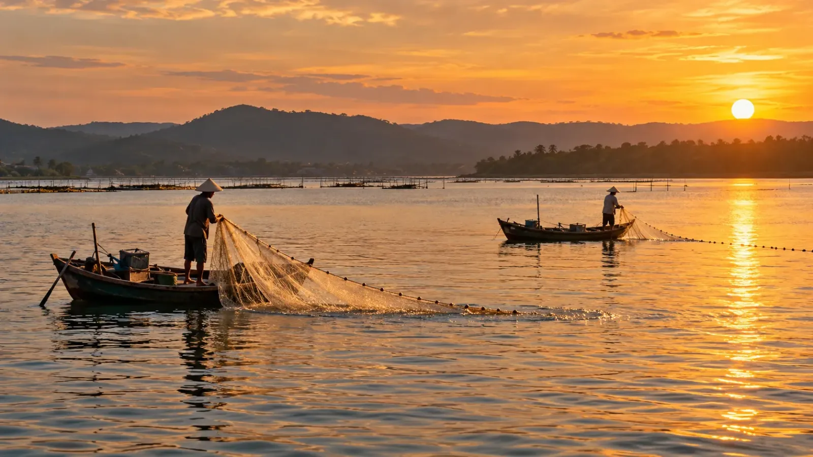 Ngư dân trên thuyền thả lưới xuống mặt đầm nước dưới ánh chiều