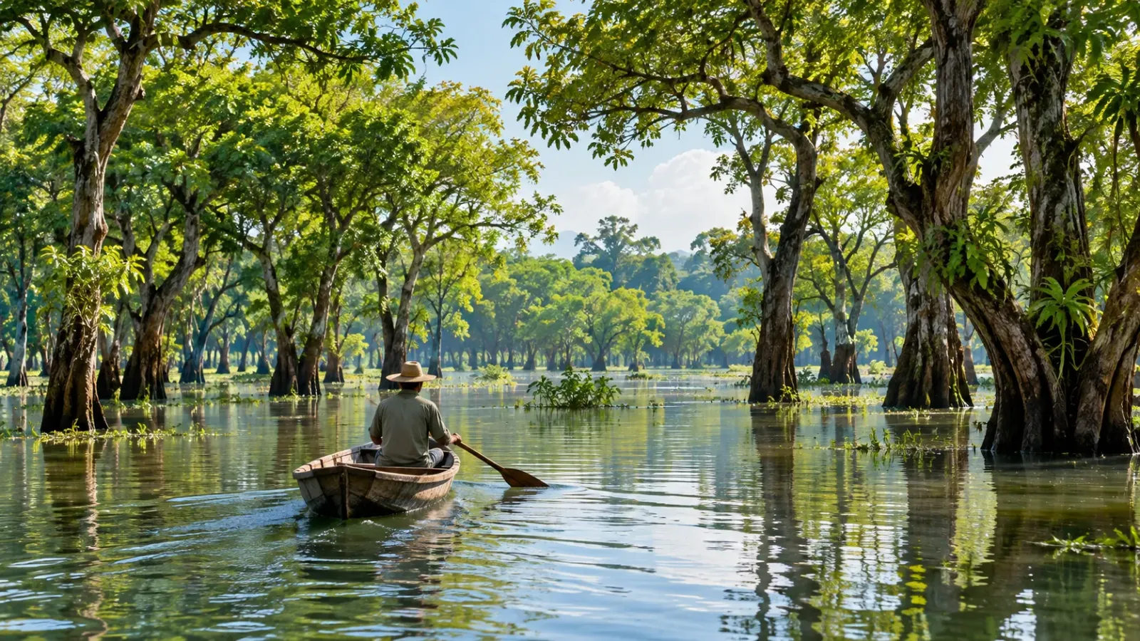 Người chèo thuyền trên vùng nước rộng giữa những tán cây có phần thân ngập nước