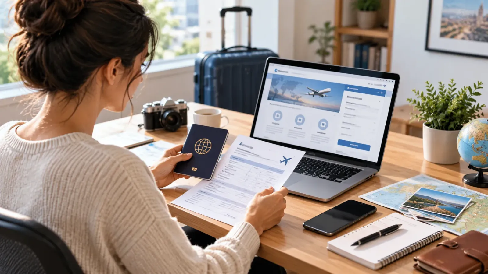 Người chuẩn bị giấy tờ và kiểm tra thông tin hồ sơ visa Anh trên máy tính