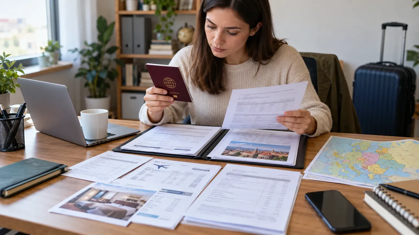 Người chuẩn bị hộ chiếu và đối chiếu hồ sơ trước buổi phỏng vấn visa du lịch Đông Âu
