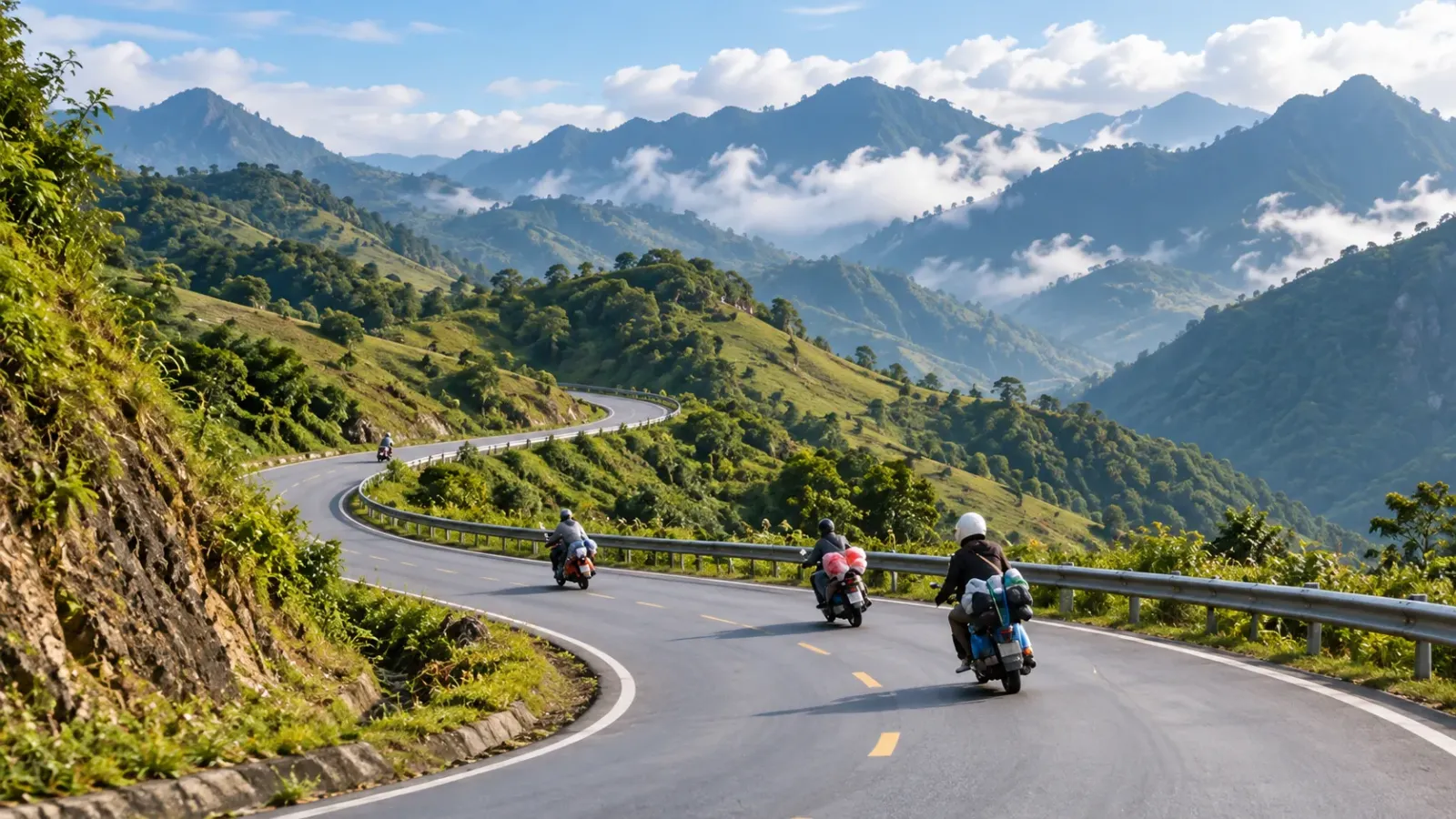 Người đi xe máy trên cung đường núi với những khúc cua liên tiếp