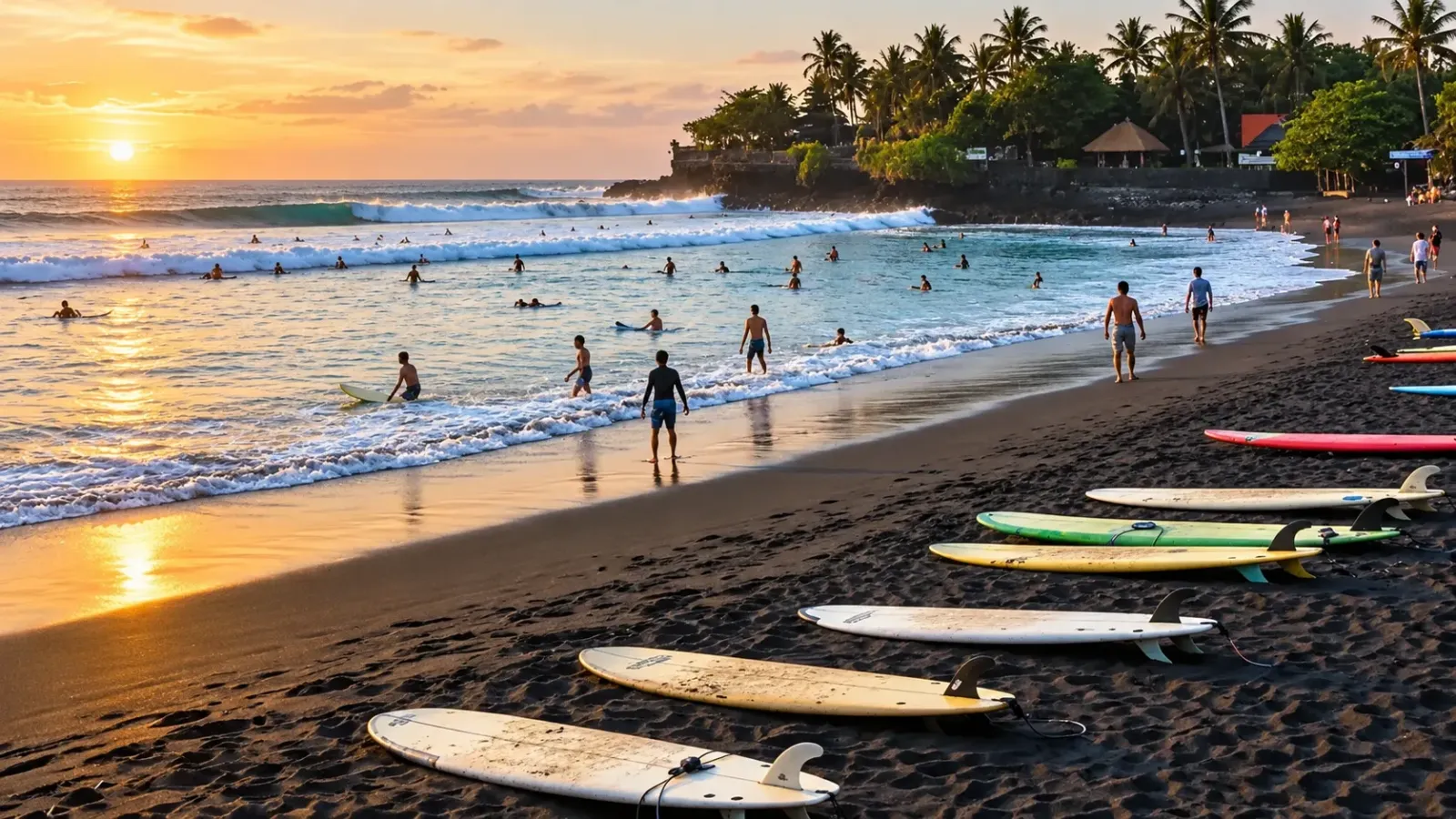 Người lướt sóng trên biển Canggu ở Bali với bờ cát sẫm màu