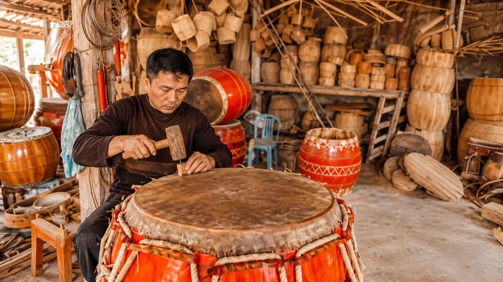 Nghề làm trống Đọi Tam nổi bật với những công đoạn chế tác và trang trí đòi hỏi kinh nghiệm của người thợ.