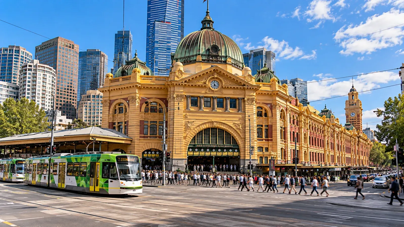Nhà ga Flinders Street Station và khung cảnh đường phố tại Melbourne Úc