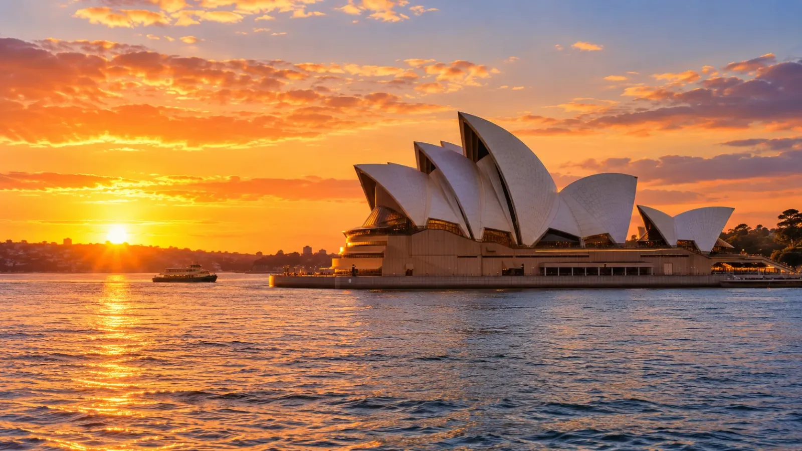 Nhà hát Opera Sydney bên vịnh cảng trong ánh hoàng hôn màu cam tại Úc.