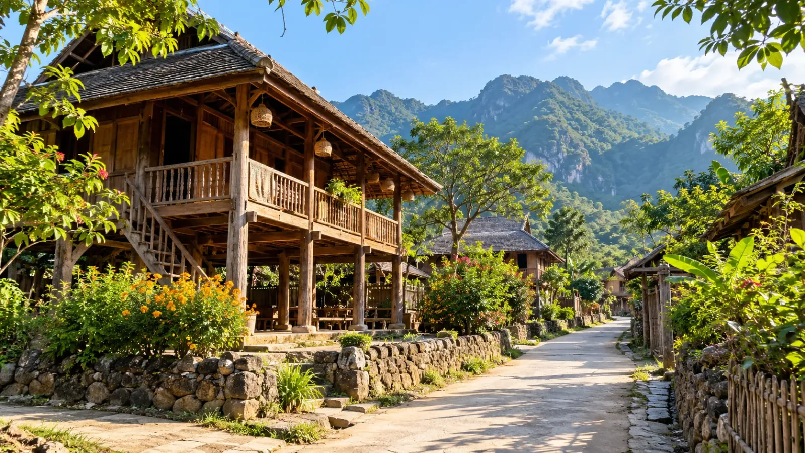 Nhà sàn truyền thống và đường làng tại Bản Lác Mai Châu