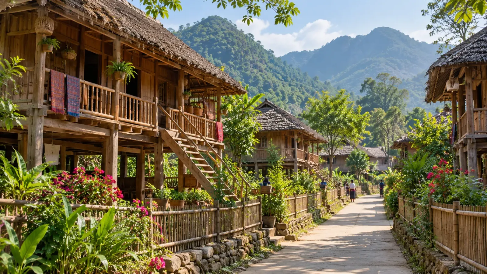 Nhà sàn và đường làng tại Bản Lác Mai Châu