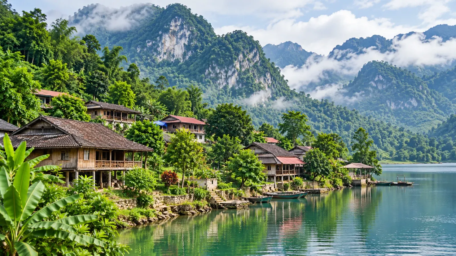 Nhà sàn và không gian bản Pác Ngòi bên Hồ Ba Bể