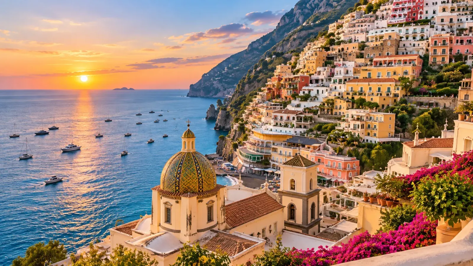 Nhà thờ mái vòm gạch màu cùng các ngôi nhà ven sườn đồi và biển tại Positano