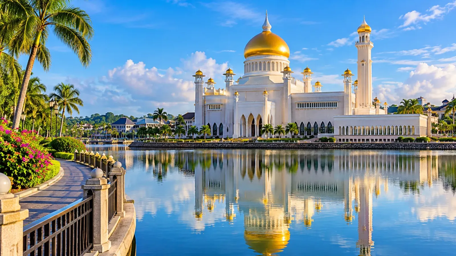 Nhà thờ Omar Ali Saifuddien với mái vòm vàng phản chiếu trên mặt nước ở Bandar Seri Begawan