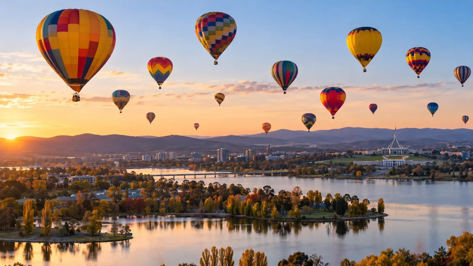 Nhiều khinh khí cầu nhiều màu sắc bay trên bầu trời Canberra trong sự kiện Canberra Balloon Spectacular.