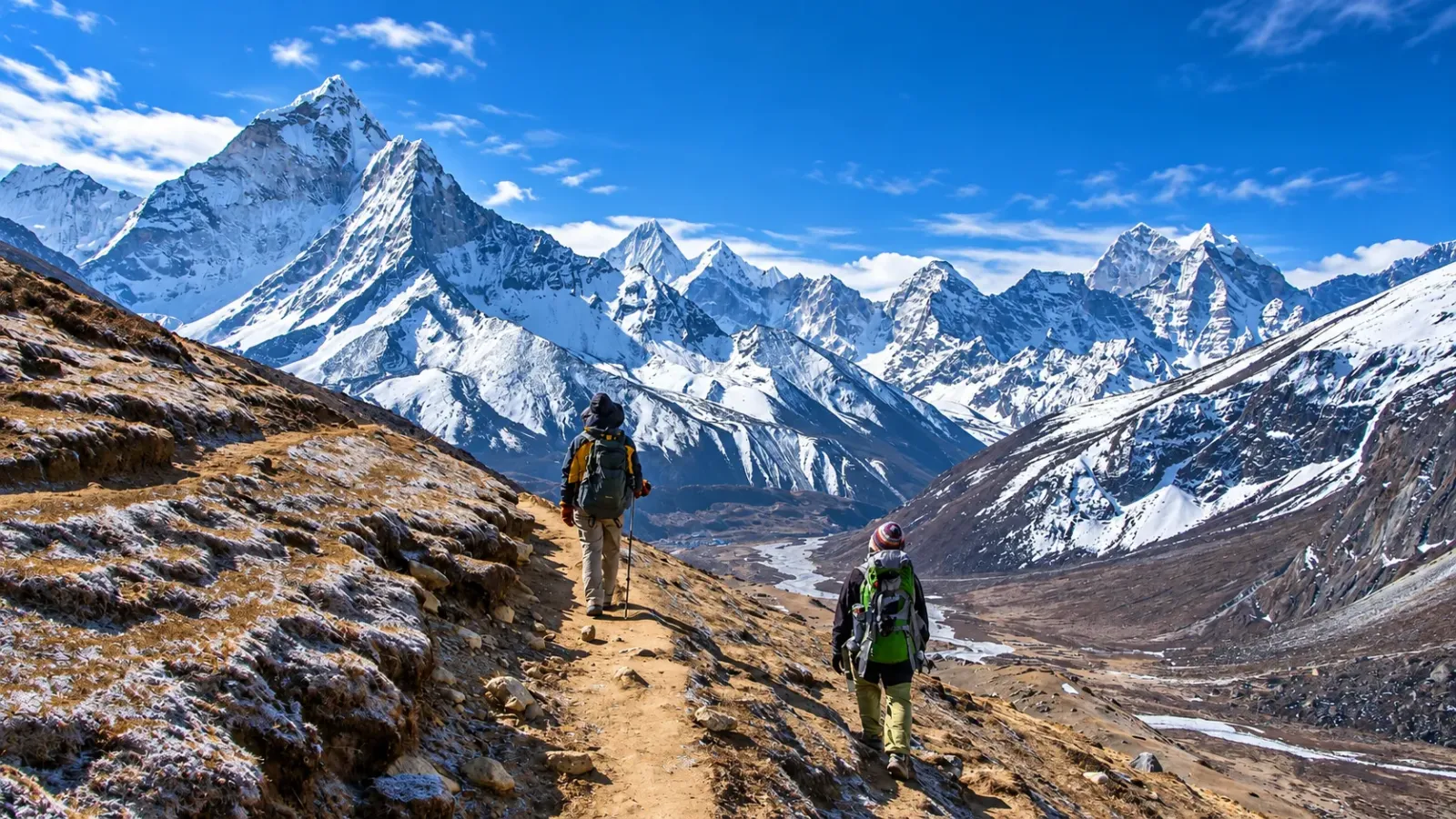 Nhóm du khách đi trekking trên đường mòn vùng núi Himalaya tại Nepal