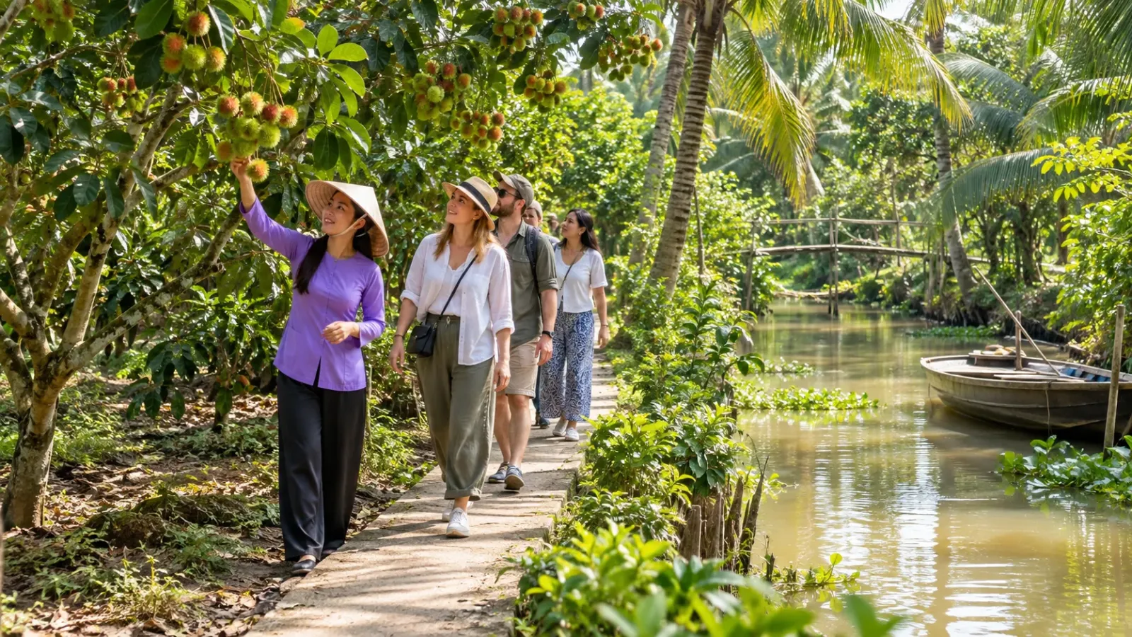 Nhóm du khách đứng trên lối đi bên hàng cây và con rạch tại khu vực Cồn Thới Sơn Mỹ Tho
