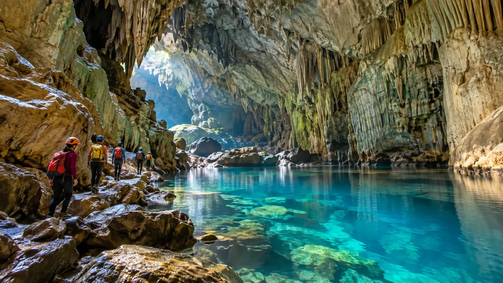Nhóm người mặc trang phục nhiều màu di chuyển dọc vách đá bên hồ nước xanh trong hang động