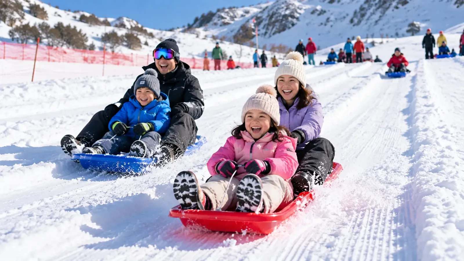 Nhóm người trượt ski mặc áo khoác mùa đông đội mũ bảo hiểm và đeo kính tuyết