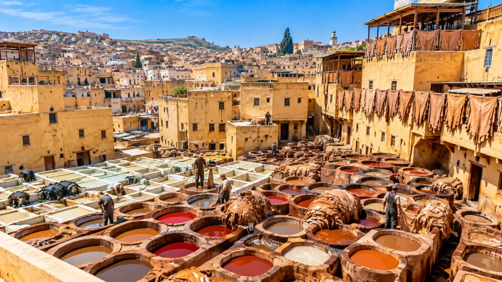 Những bể xử lý và nhuộm da truyền thống tại xưởng Chouara ở Fez Maroc