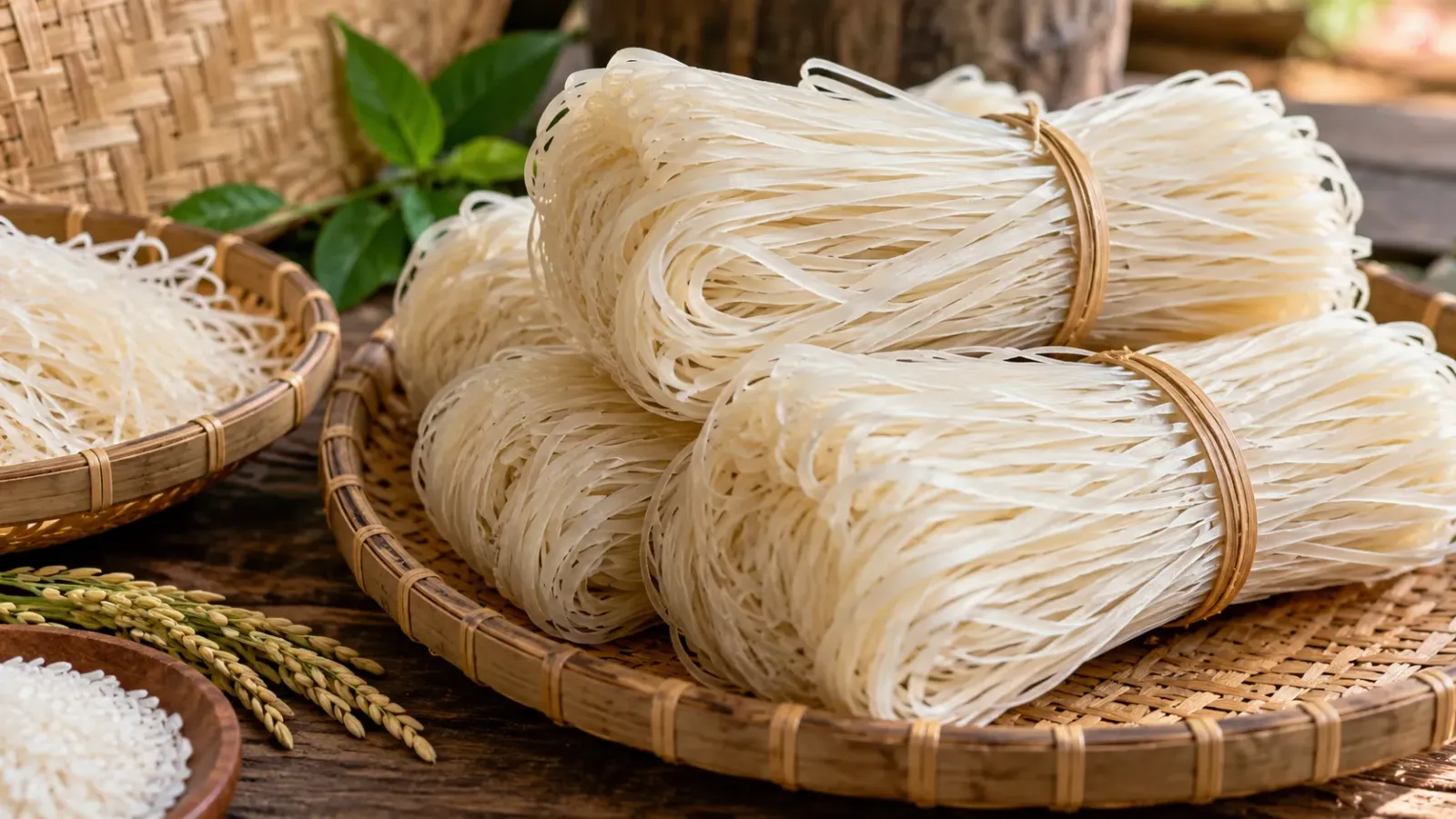 Những bó mì Chũ khô màu trắng ngà được cuộn tròn, thể hiện rõ sợi mì gạo mảnh và kết cấu đặc trưng của sản phẩm.