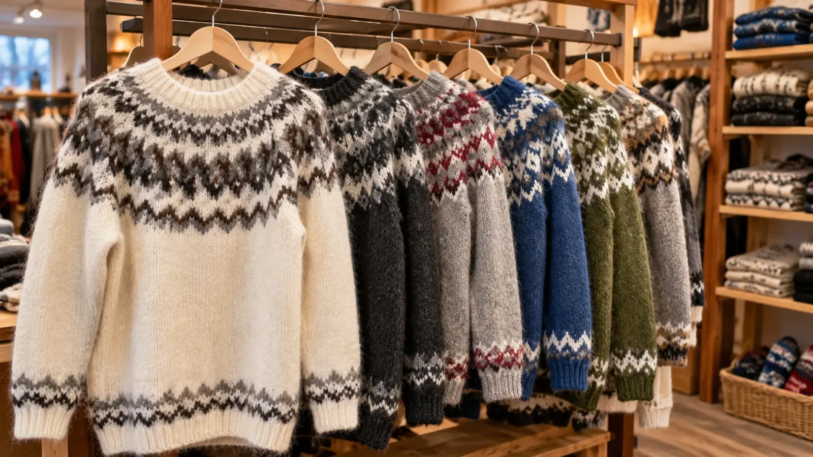 Những chiếc áo len kiểu lopapeysa với họa tiết cổ tròn được trưng bày tại cửa hàng Iceland.