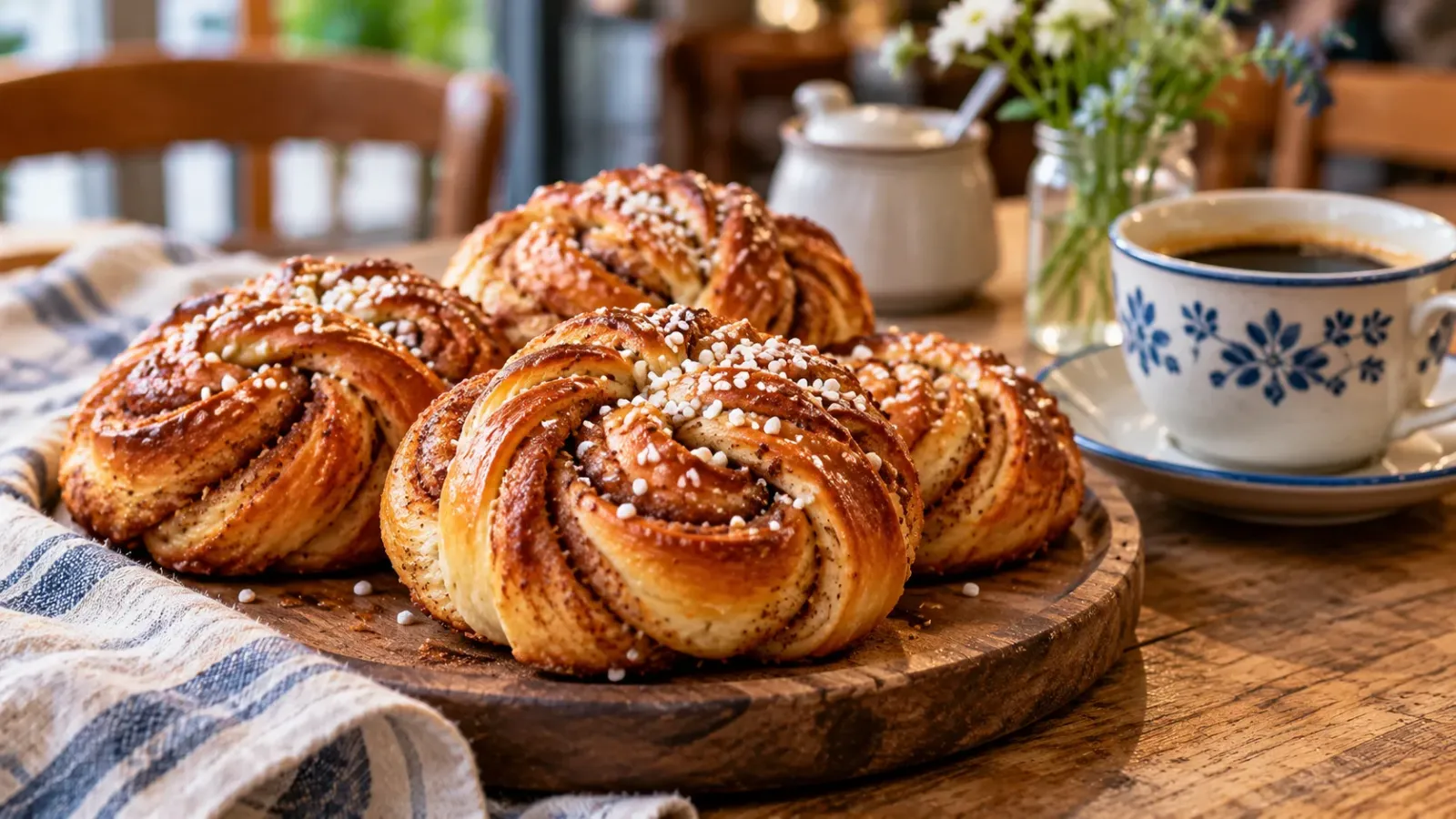 Những chiếc bánh cuộn quế Kanelbullar màu vàng nâu đặt cạnh tách cà phê trên bàn gỗ trong không gian quán cà phê Thụy Điển.